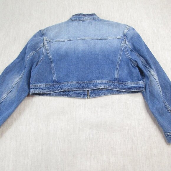 Zara Trucker Jacket Womens Medium Blue Denim Crop Flap Pocket Long Sleeve Zip-Up - Picture 2 of 7